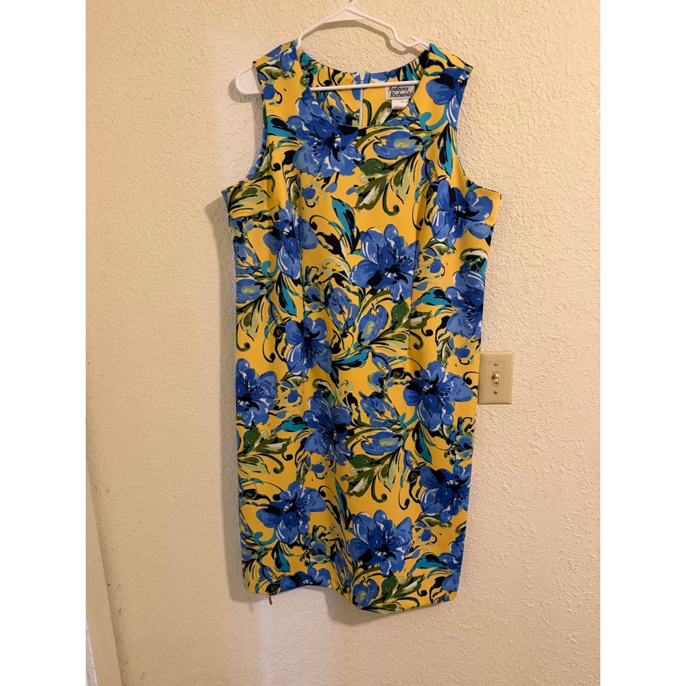 Anthony Richards Yellow Blue Floral Sleeveless Shift Dress Plus Size 18 Retro